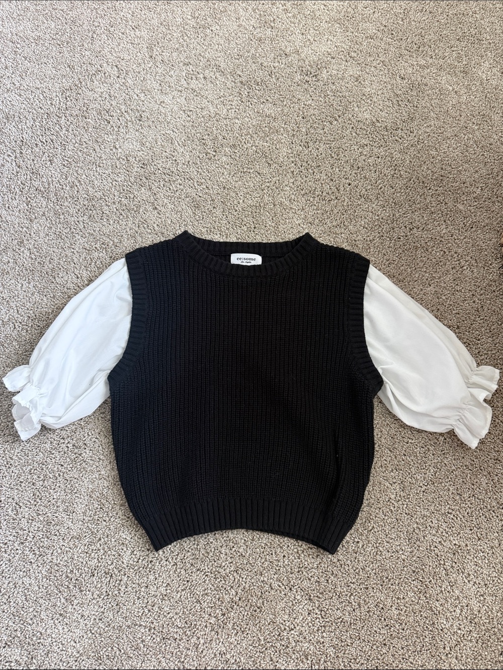 eesome Black Knit Vest with White Puff Sleeves